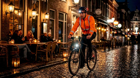 Urban cyclist riding at night with lights on bike