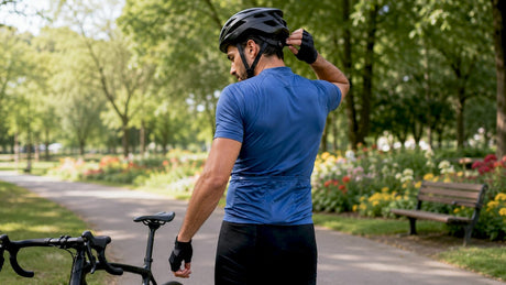 Un cycliste prend le temps de bien régler son casque ergonomique avant de partir rouler en plein air.