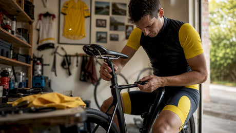 Cyclist adjusting ergonomic saddle indoors
