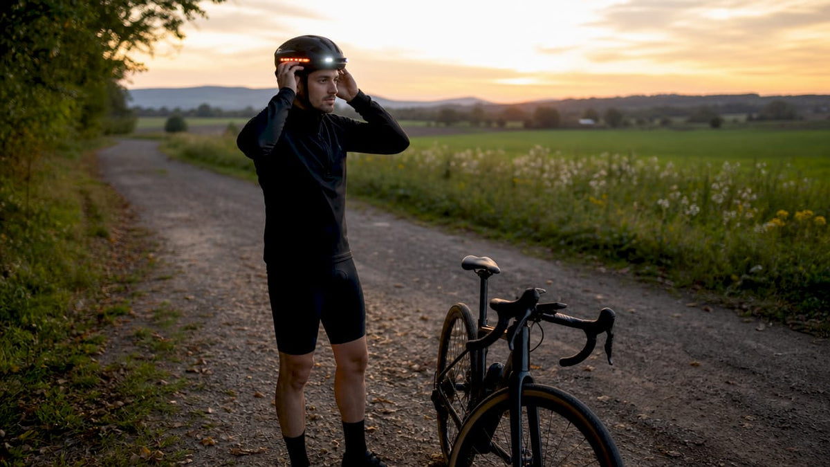 Un cycliste ajuste son casque équipé de multiples accessoires.
