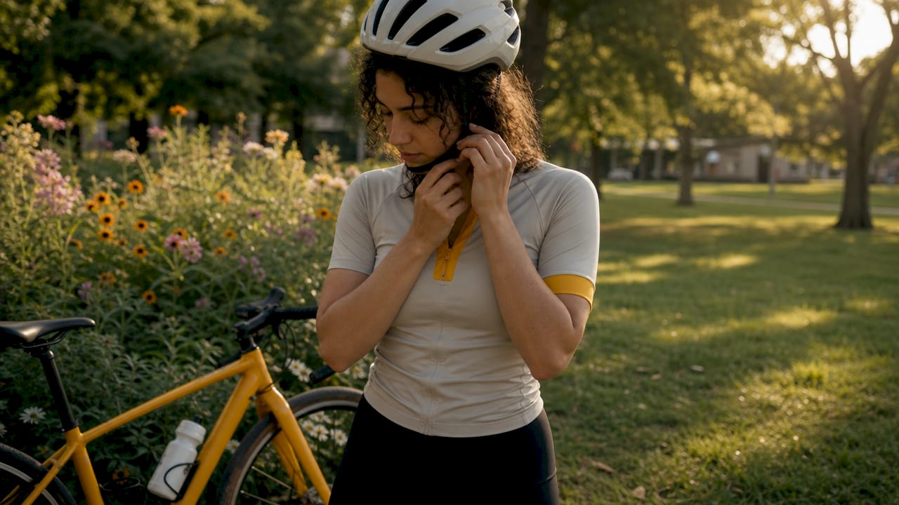 Cyclist adjusting adaptive helmet straps outdoors