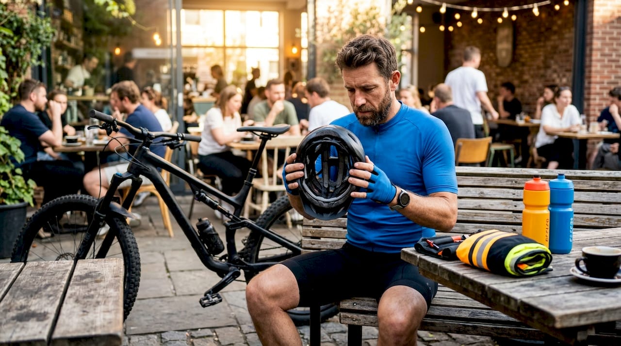 Cyclist inspecting helmet impact absorption