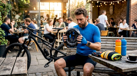 Cyclist inspecting helmet impact absorption
