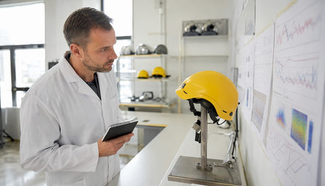 Un technicien procède à des essais sur un casque de sécurité dans un laboratoire spécialisé.