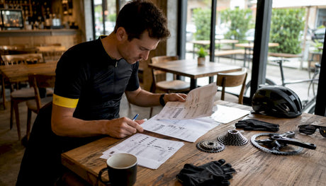 Cyclist comparing cycling equipment ratings at table