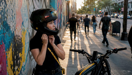 Urban cyclist adjusting advanced safety helmet