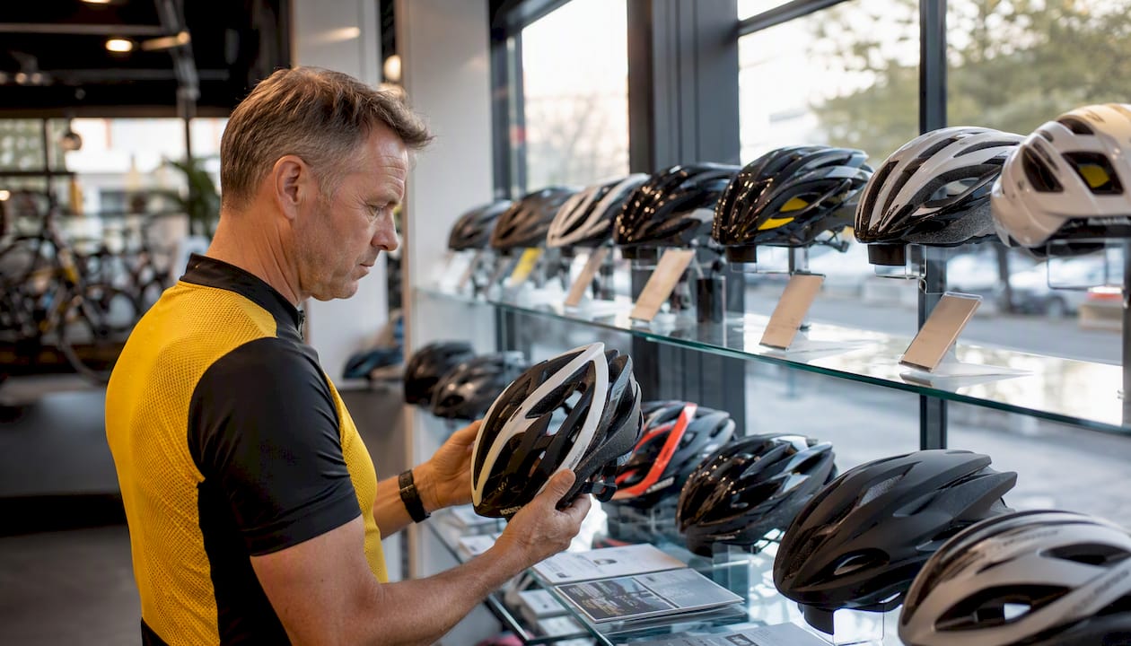 Cyclist evaluating safety helmets indoors