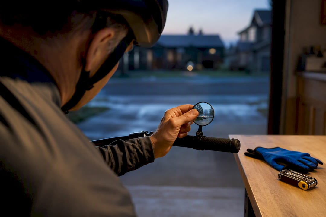 Cyclist checking mirror position before riding
