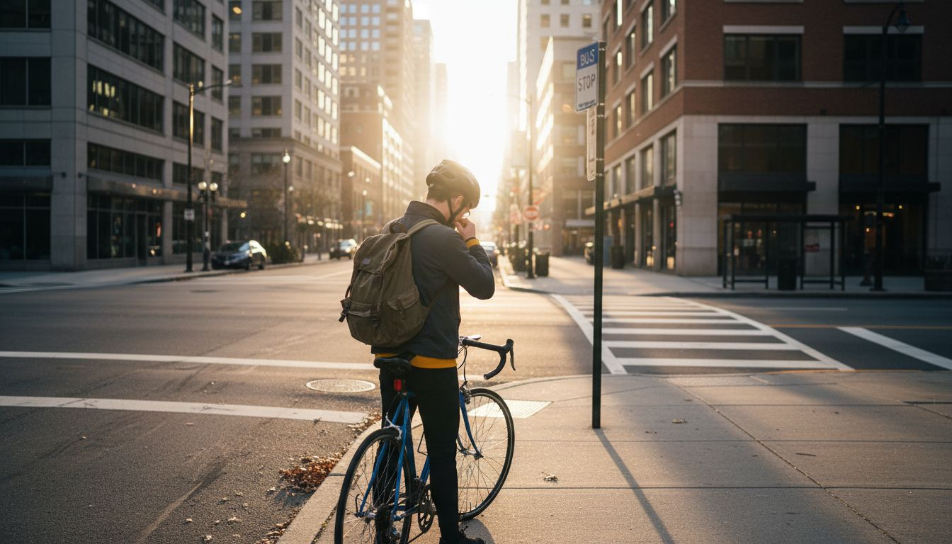 Cyclist fastening helmet at city crosswalk