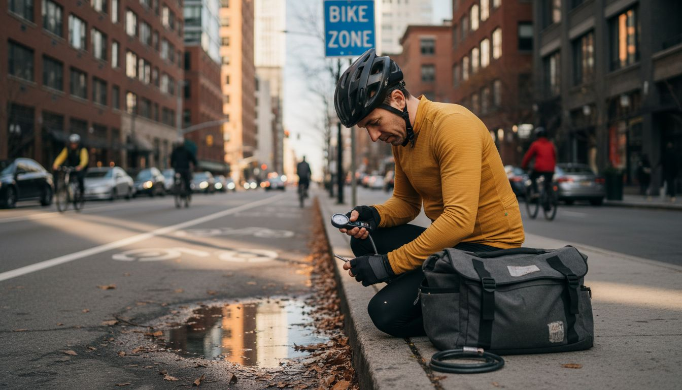 Cyclist checking helmet and tire on city street