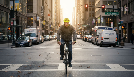 Cyclist navigating busy city intersection