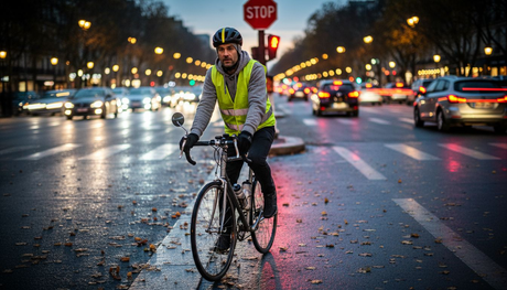 Cycliste urbain équipé pour la sécurité, circulant à la tombée de la nuit en ville.