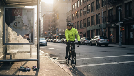 Cyclist wearing high visibility gear in traffic