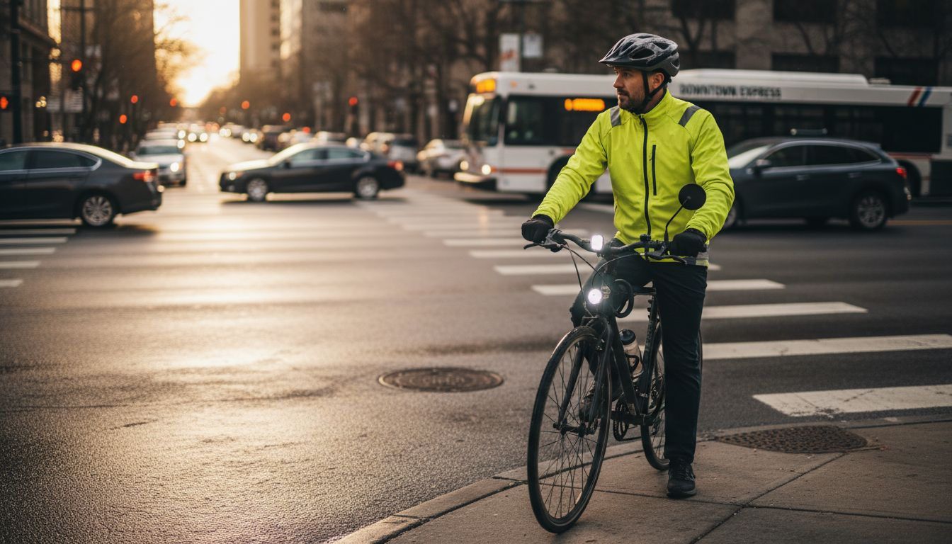 Urban cyclist with helmet and safety gear at city street