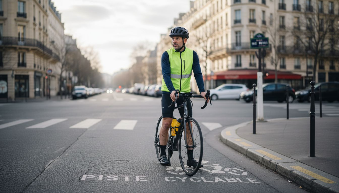 Un cycliste circule en ville, équipé d’un casque et d’un gilet de sécurité.