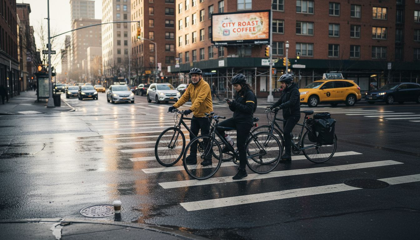 Cyclists in different helmets at busy city street