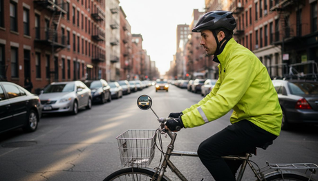 Cyclist using rear-view mirror in city