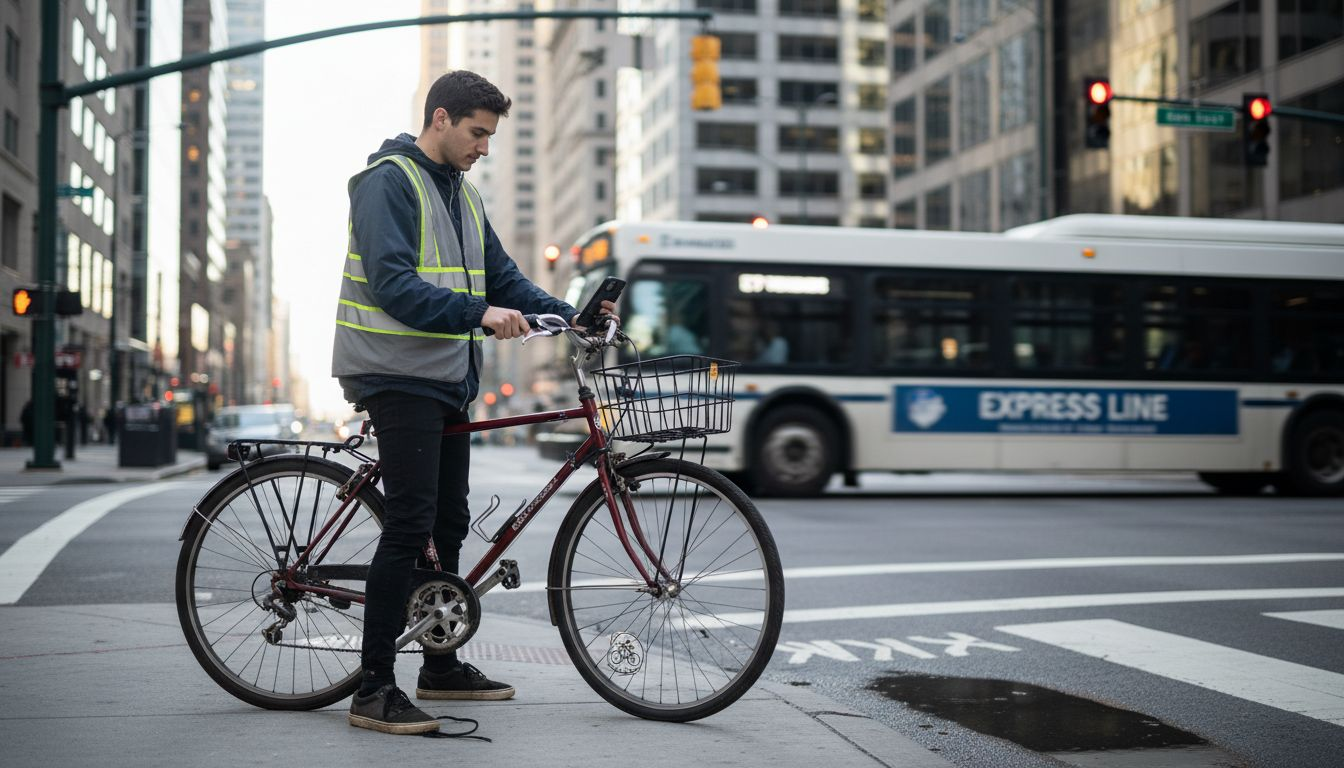Urban cyclist waiting at city intersection
