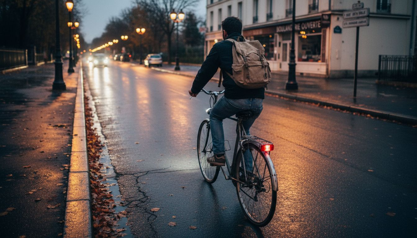 Un cycliste équipé de réflecteurs circule en ville à la tombée de la nuit.