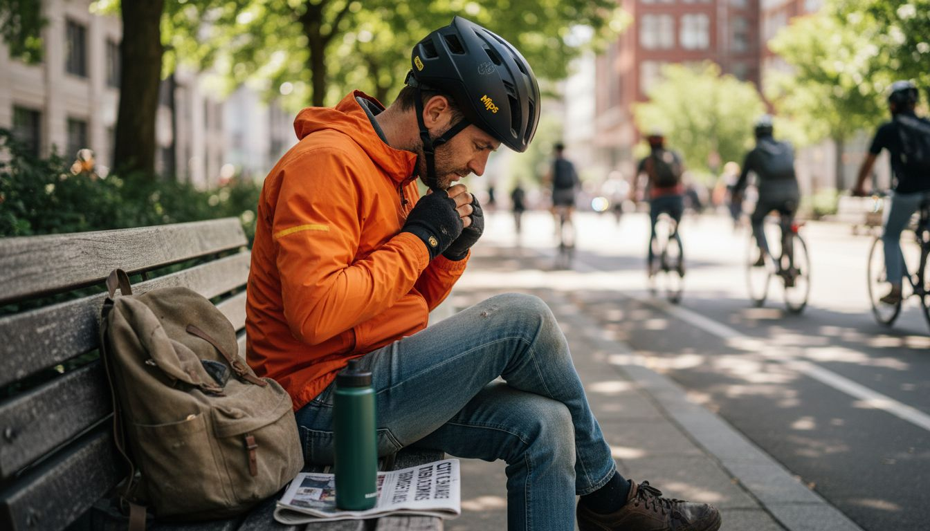 Cyclist inspecting MIPS helmet by city path