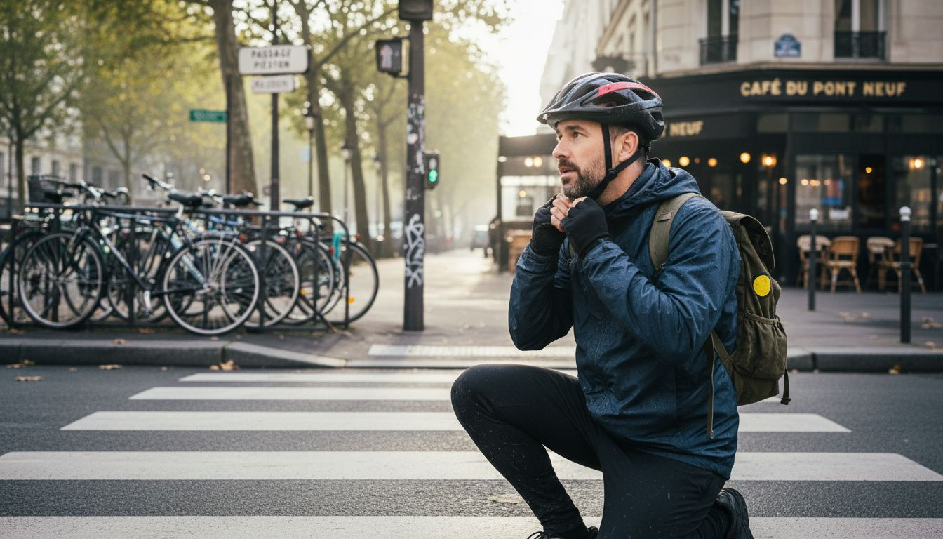 Un cycliste en ville ajuste son casque sur le trottoir avant de prendre la route.