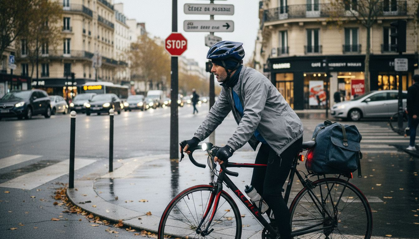 Un cycliste en ville qui reste attentif à ce qui l’entoure pour rouler en toute sécurité.