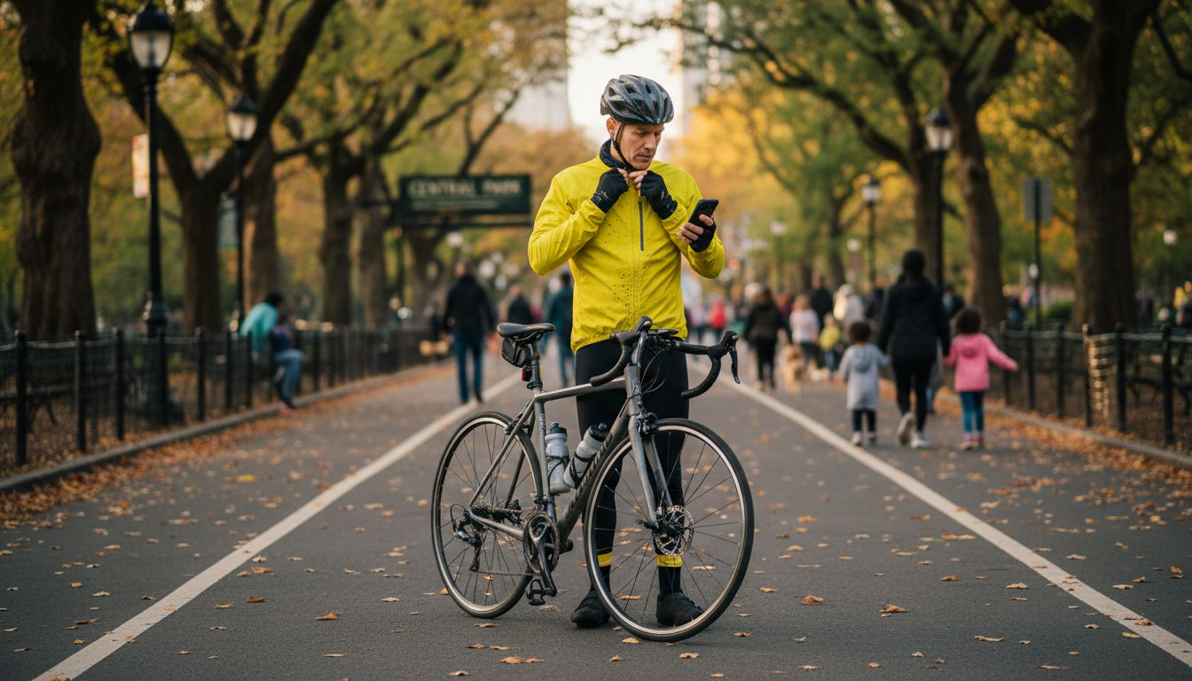 Urban cyclist preparing with safety gear