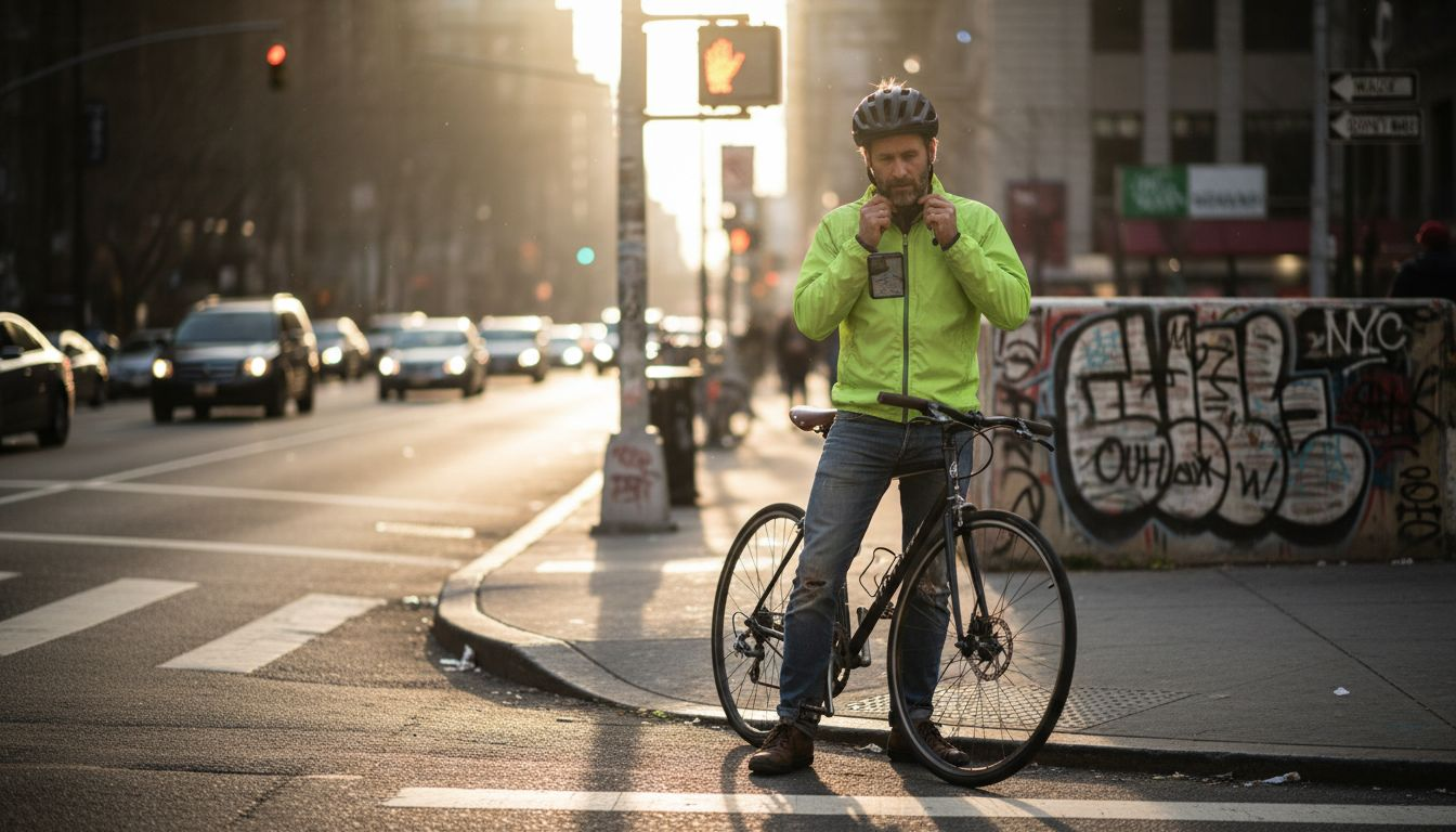 Urban cyclist checking helmet at crosswalk