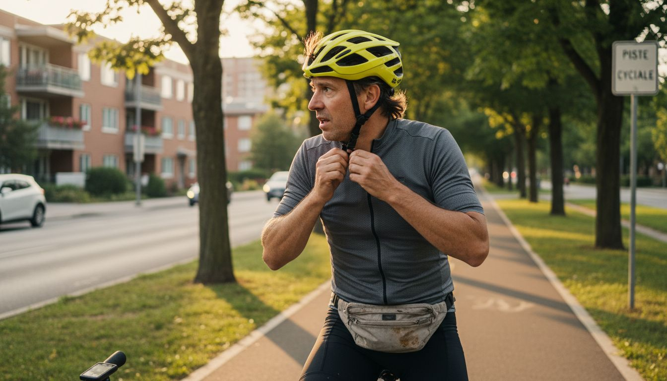 Un cycliste en ville règle son casque MIPS avant de s'élancer sur la piste.