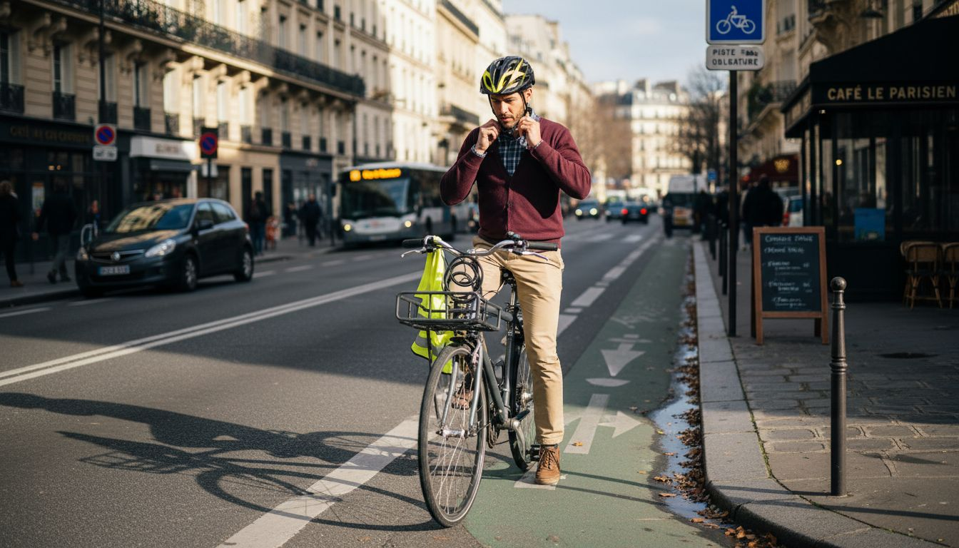 En ville, le cycliste ajuste son casque avant de filer sur la piste.