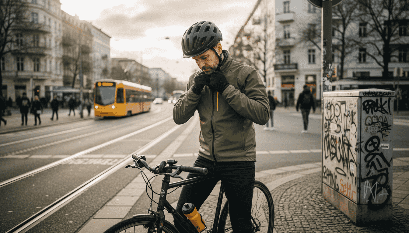 Cyclist adjusting helmet in urban Berlin street