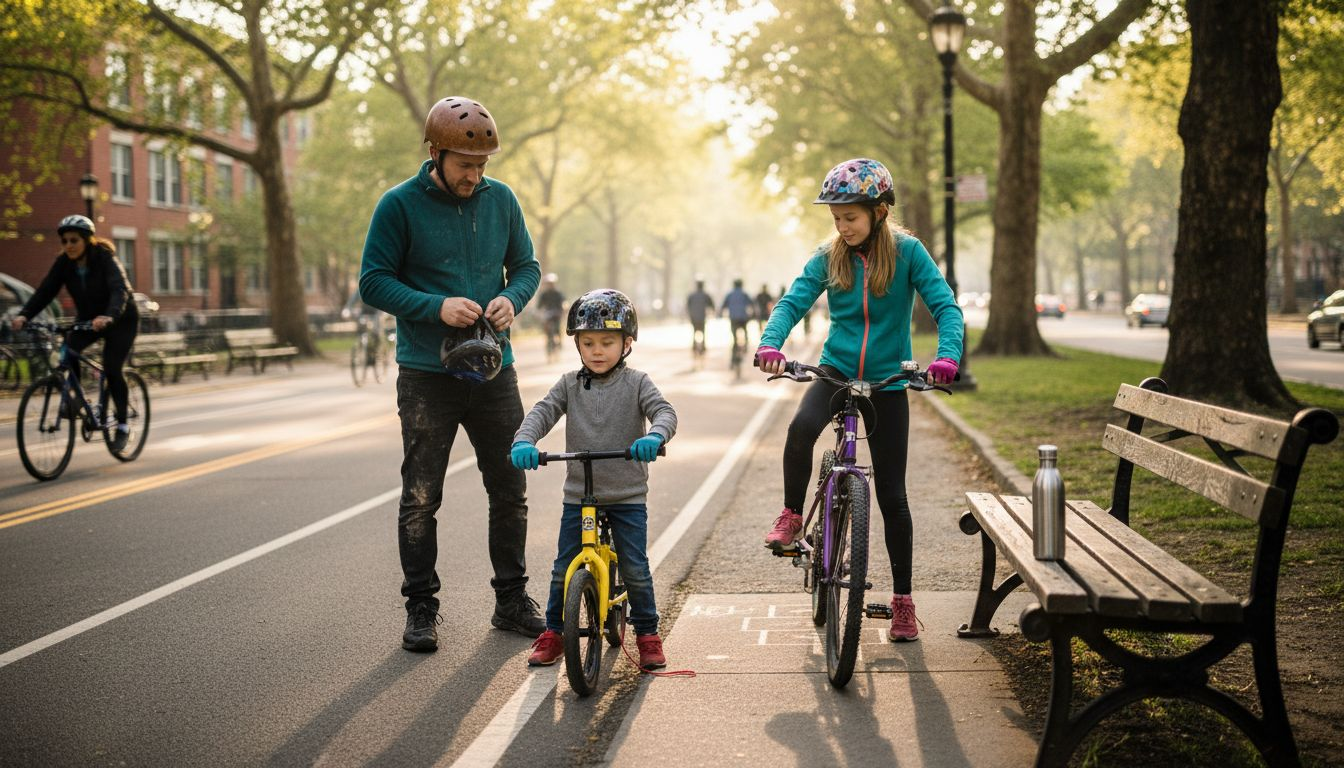 Family checking bikes together in park
