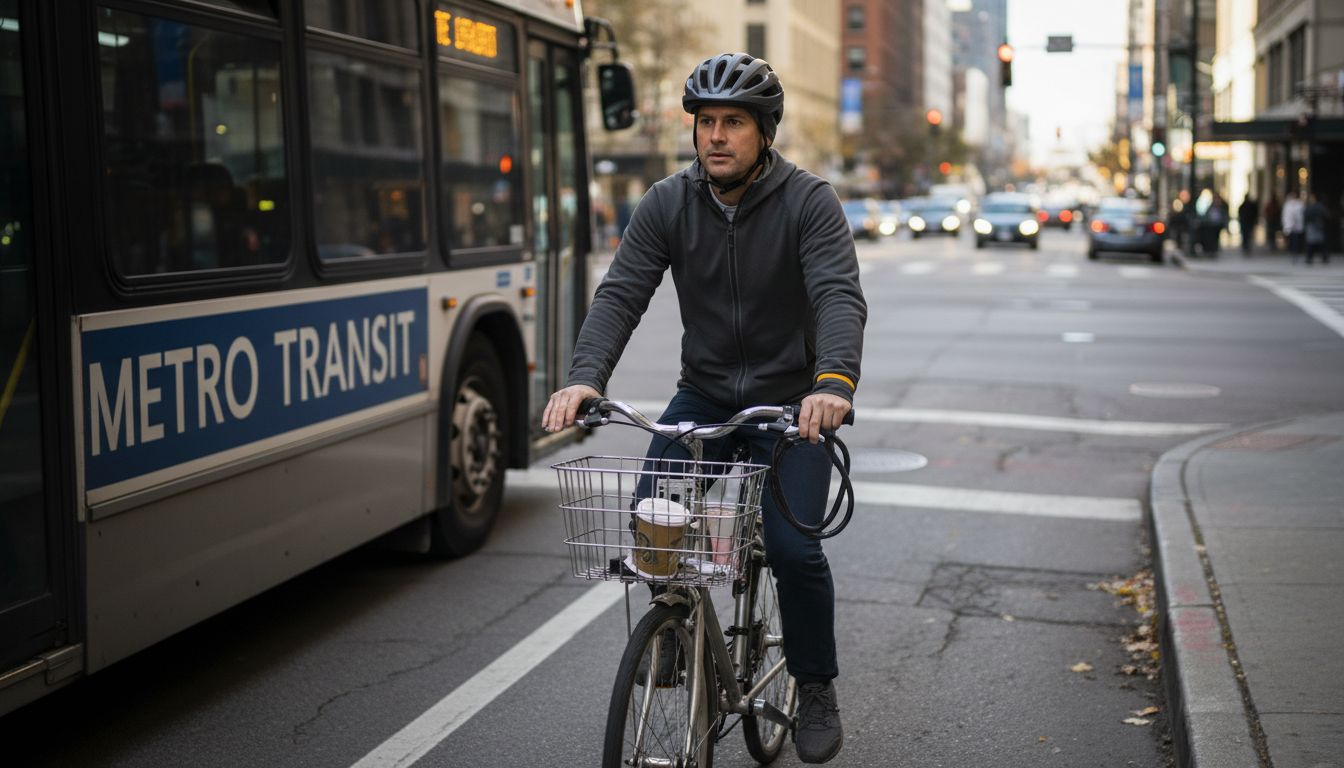 Urban cyclist with helmet at city intersection