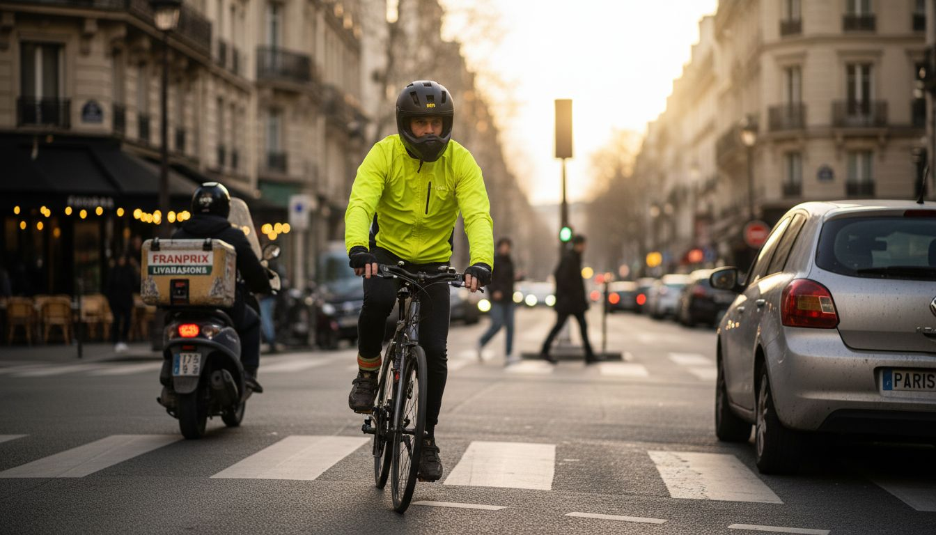 Un cycliste urbain, casque sur la tête, traverse une rue bondée.