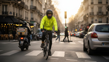 Un cycliste urbain, casque sur la tête, traverse une rue bondée.