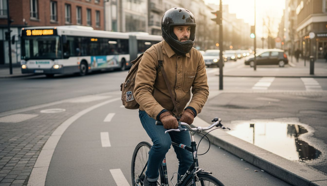 Un cycliste urbain équipé d’un casque intégral s’élance sur la piste.