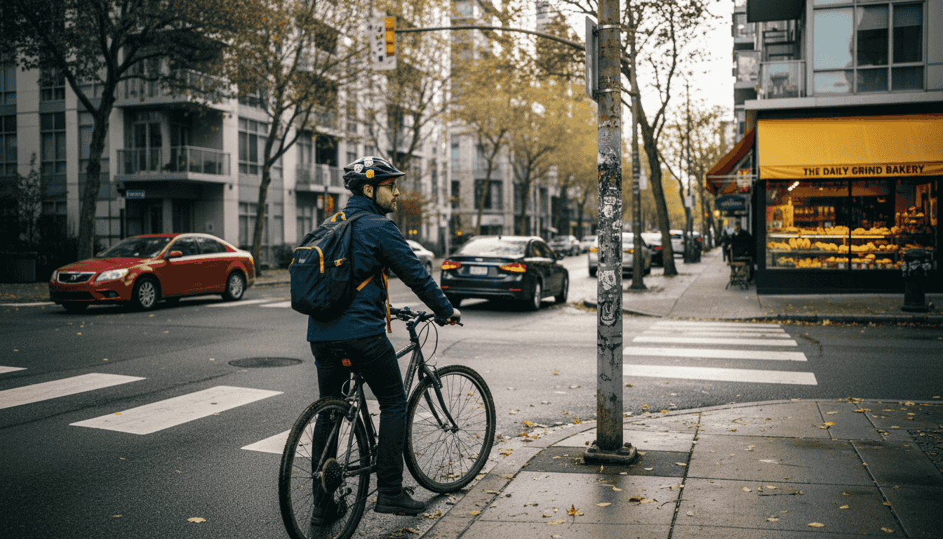 Urban cyclist wearing commuter helmet crossing street