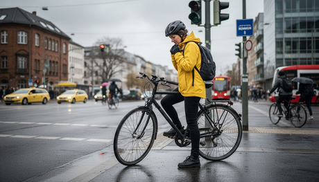 Urban cyclist adjusting helmet on city street