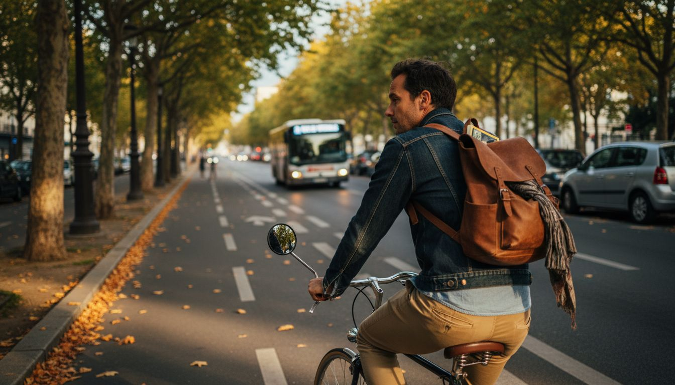 Un cycliste en ville qui veille à sa sécurité grâce à un rétroviseur fixé sur son vélo.