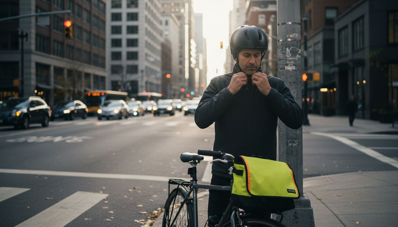 Urban cyclist adjusting integral helmet in city
