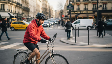 Un cycliste règle son rétroviseur pour circuler en ville en toute sécurité.