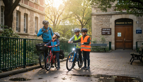 Avant de partir en balade à vélo, toute la famille vérifie et ajuste ses casques.