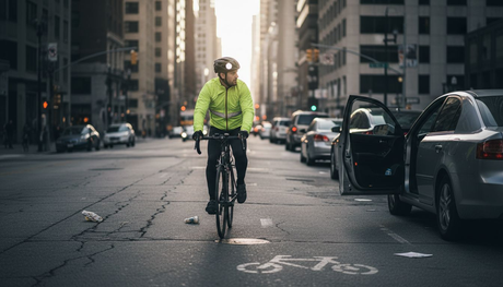 Cyclist riding safely in urban intersection