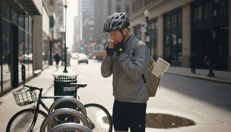 Cyclist adjusting helmet in busy city scene
