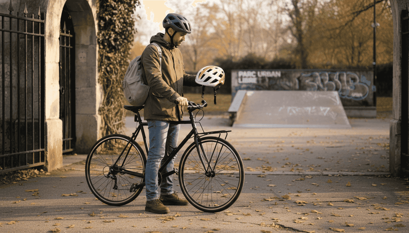 Un cycliste hésite entre deux casques alors qu’il s’apprête à rouler en ville.