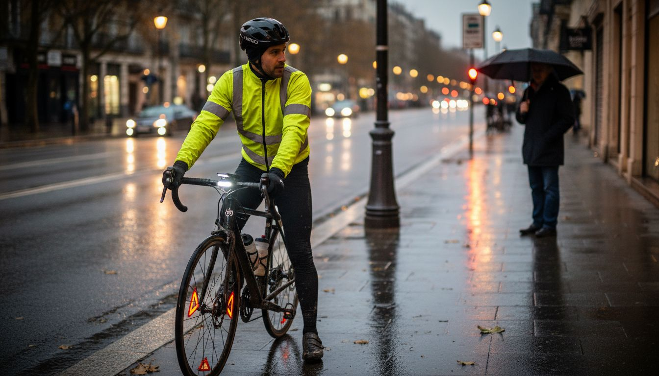 Cycliste en ville, bien visible grâce à ses accessoires adaptés