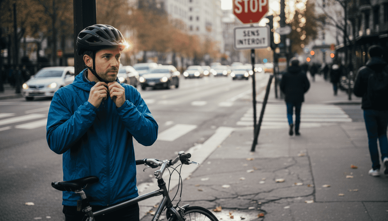 Un cycliste en ville prend un instant sur le trottoir pour bien régler son casque avant de repartir.