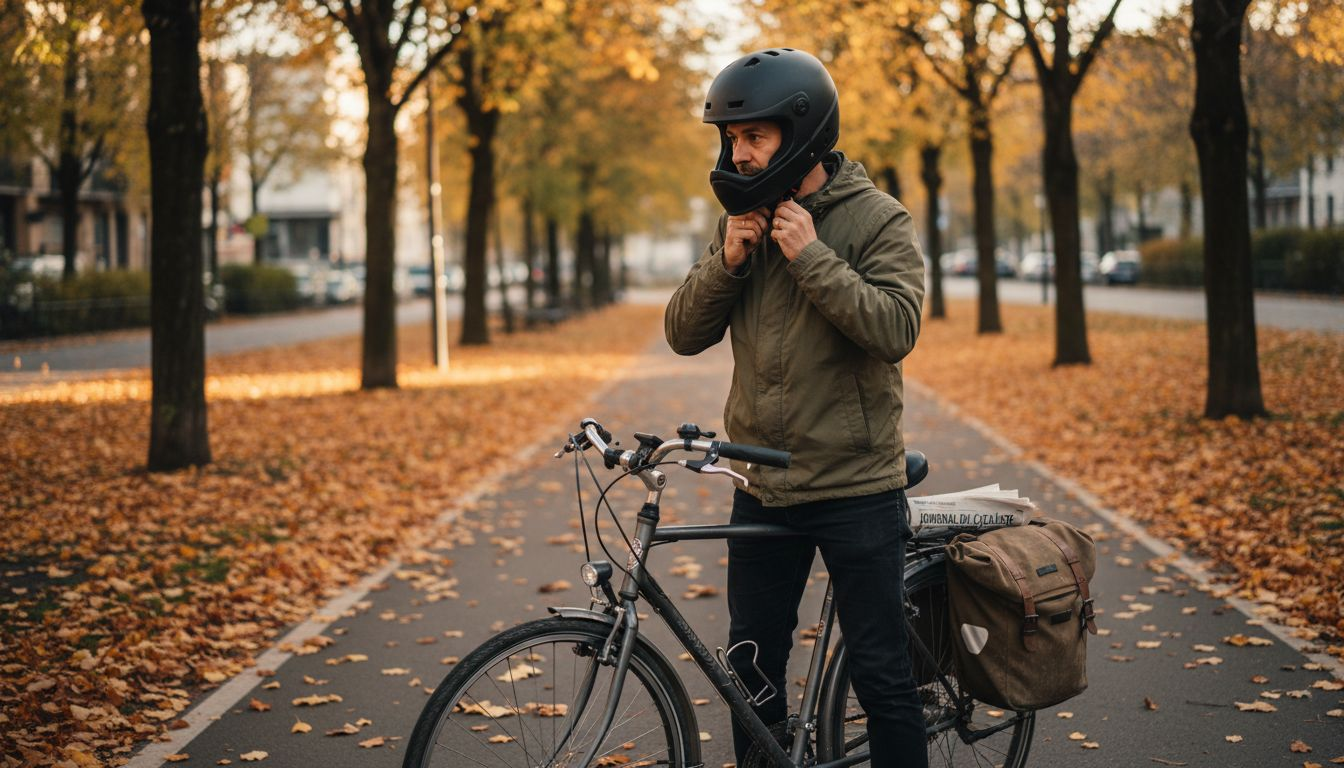 Un cycliste ajuste son casque intégral avant de prendre la route.