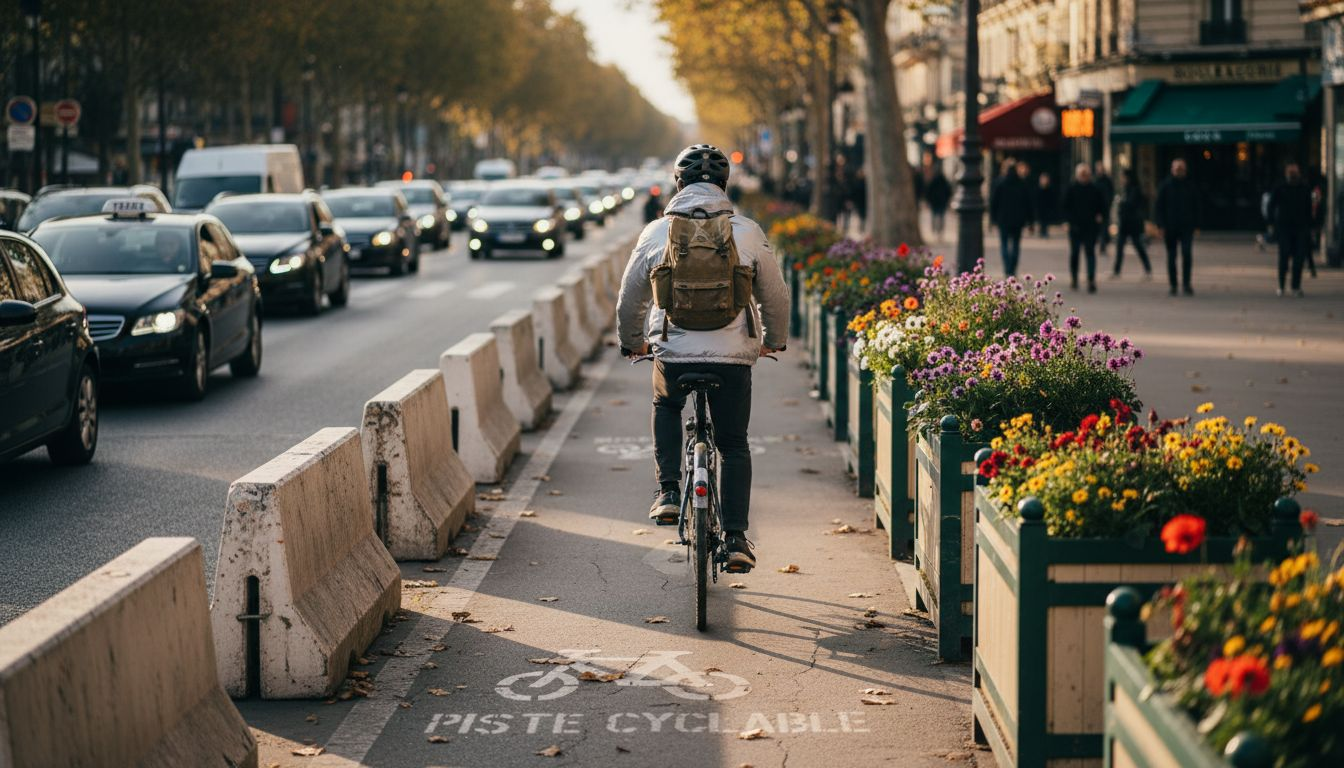 Un cycliste circule en ville sur une piste cyclable sécurisée.