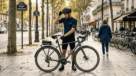 Un cycliste en train de régler son casque, équipé de différents accessoires de sécurité.